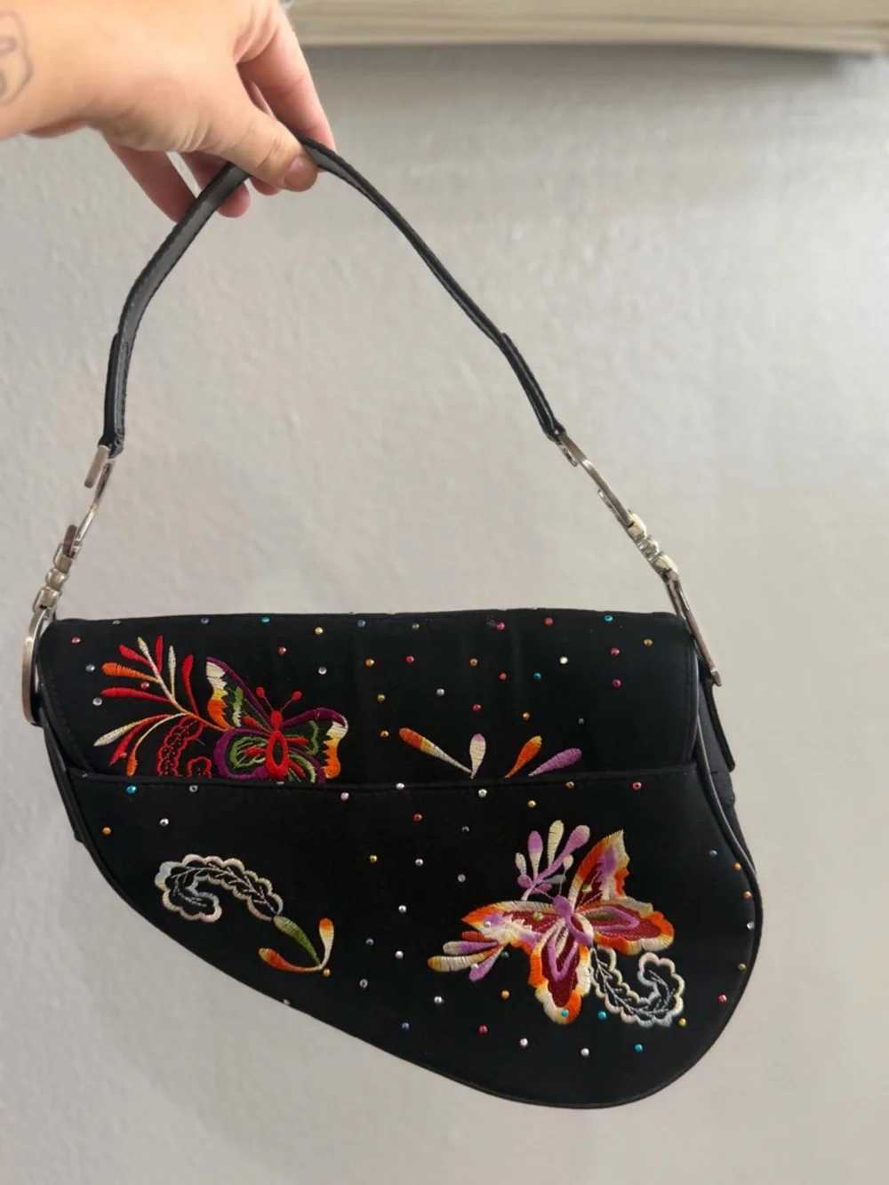 Dior Black Embroidered Butterfly Saddle Bag with Multicolor Accents - Picture 6 of 11
